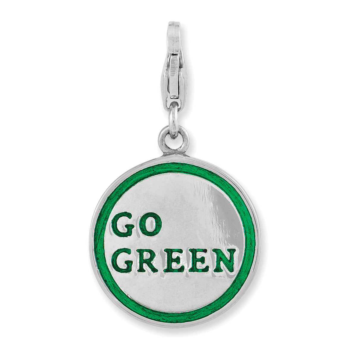 Sterling Silver Amore La Vita Rhodium-Plated Polished 3-D Enameled Reversible Handprint Go Green Charm With Fancy Lobster Clasp