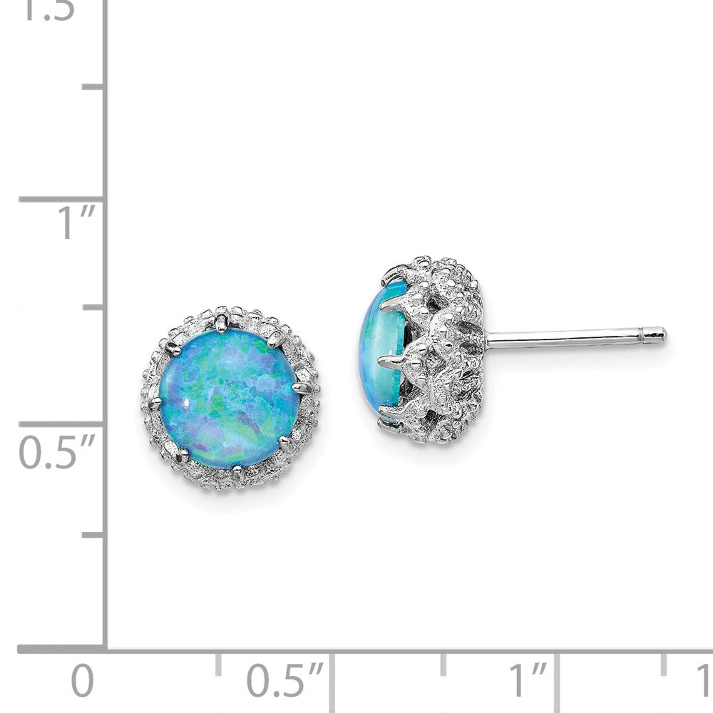 Sterling Silver Cheryl M Rhodium-Plated Cabochon Lab Created Blue Opal And Brilliant-Cut Cz Post Earrings