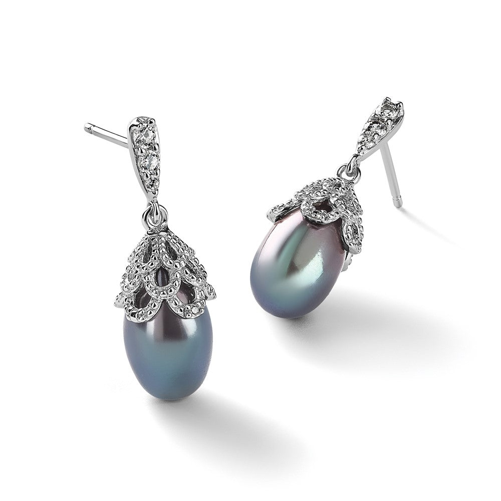 Sterling Silver Cheryl M Rhodium-Plated Black Teardrop Freshwater Cultured Pearl And Brilliant-Cut Cz Post Dangle Earrings