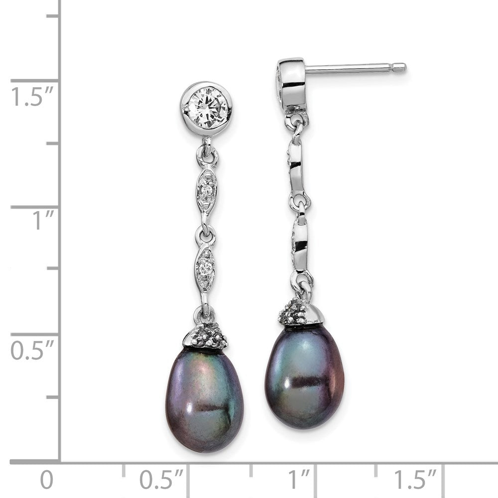 Sterling Silver Cheryl M Rhodium-Plated Black Teardrop Freshwater Cultured Pearl And Brilliant-Cut Cz Bezel Post Dangle Earrings