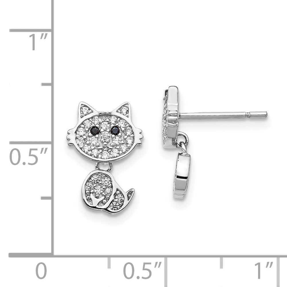 Sterling Silver Cheryl M Rhodium-Plated Moveable Brilliant-Cut Black And White Cz Cat Post Dangle Earrings