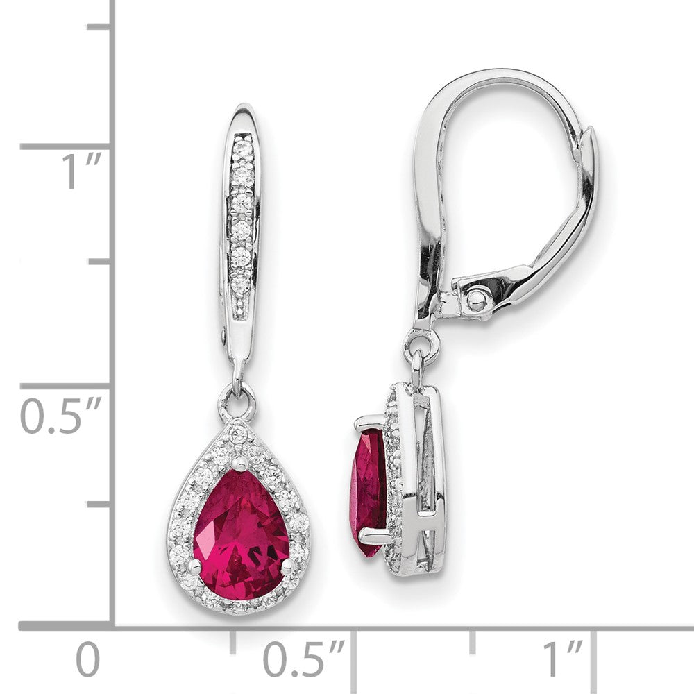 Sterling Silver Cheryl M Rhodium-Plated Brilliant-Cut Lab Created Ruby And White Cz Teardrop Leverback Dangle Earrings