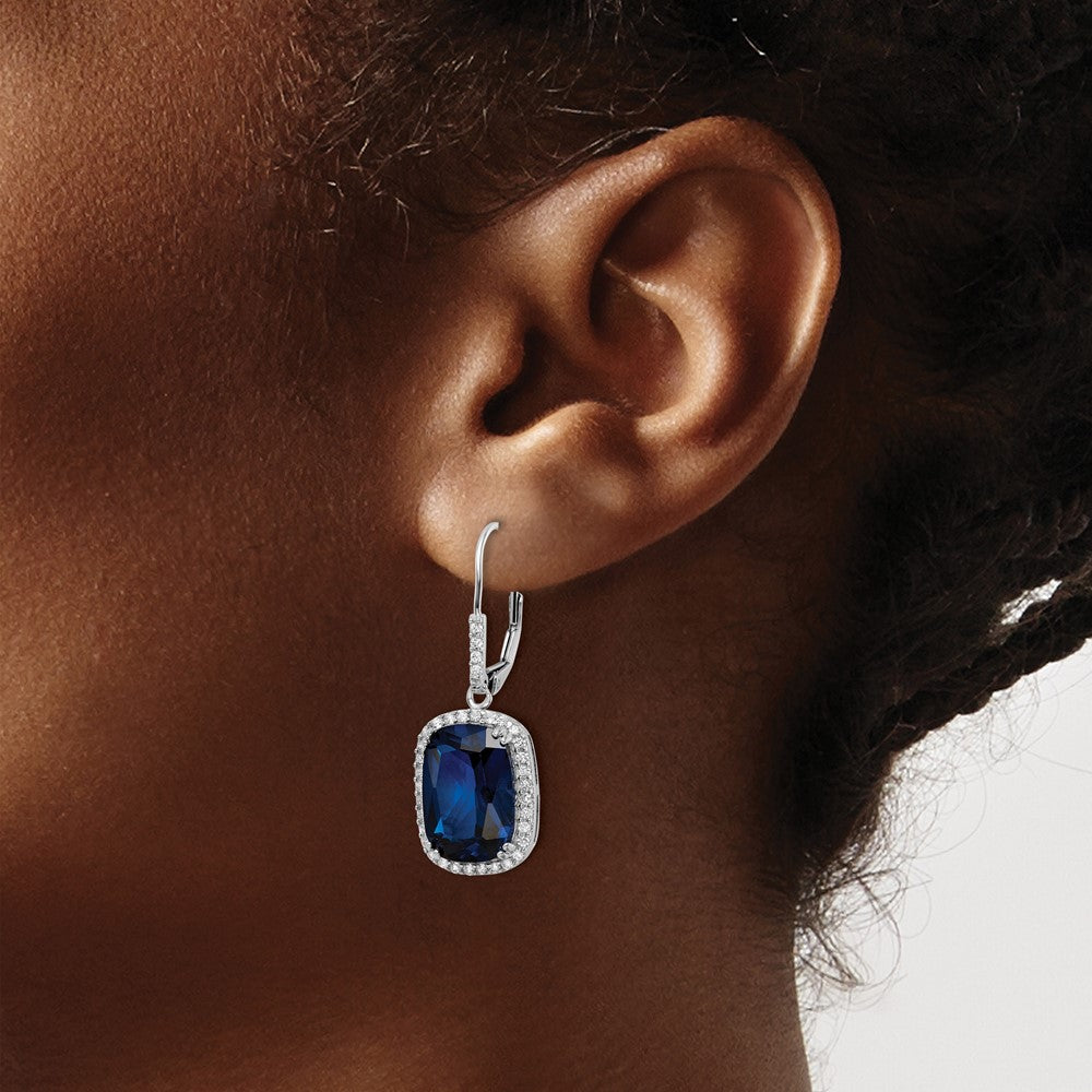 Sterling Silver Cheryl M Rhodium-Plated Elongated Cushion-Cut Lab Created Dark Blue Spinel And Brilliant-Cut White Cz Leverback Dangle Earrings