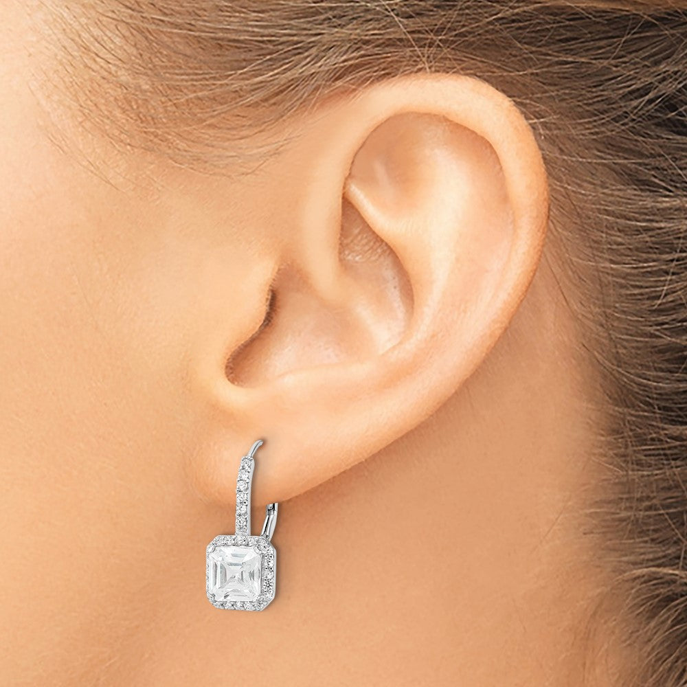 Sterling Silver Cheryl M Rhodium-Plated Brilliant-Cut And Asscher-Cut Cz Leverback Earrings
