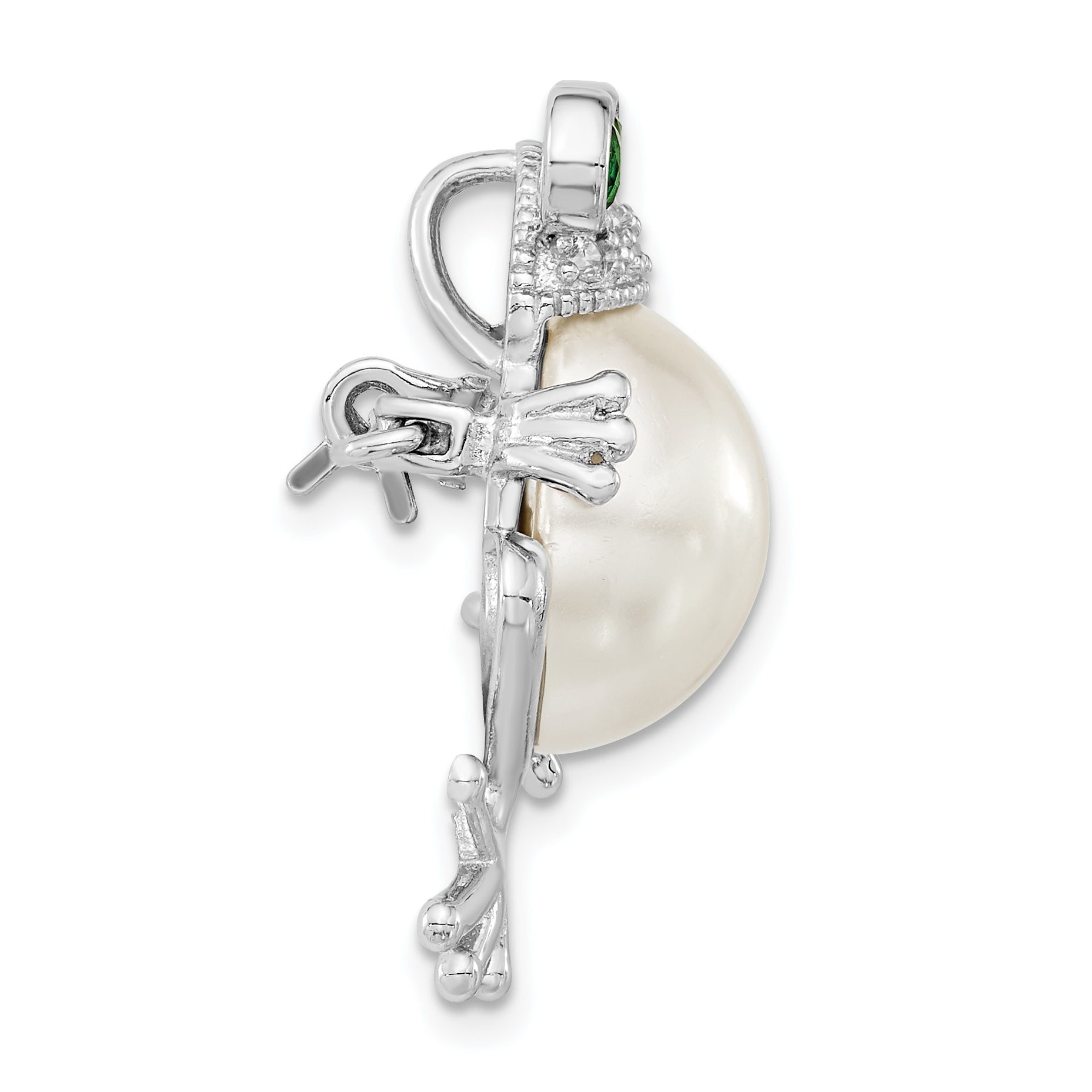 Sterling Silver Cheryl M Rhodium-Plated Acrylic Pearl And Brilliant-Cut Green White Cz Frog Pin