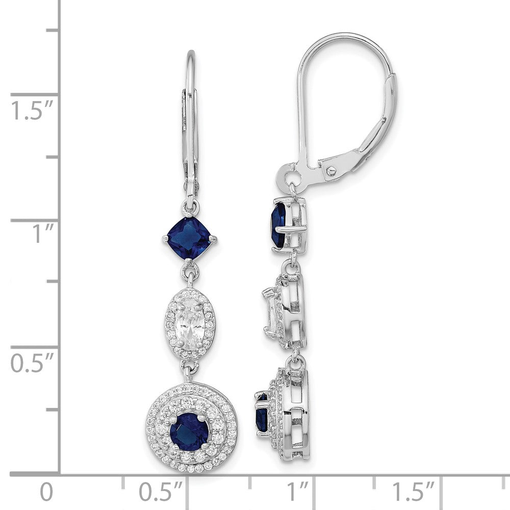 Sterling Silver Cheryl M Rhodium-Plated Cushion-Cut/Brilliant-Cut Blue Glass And Brilliant-Cut White Cz Leverback Dangle Earrings