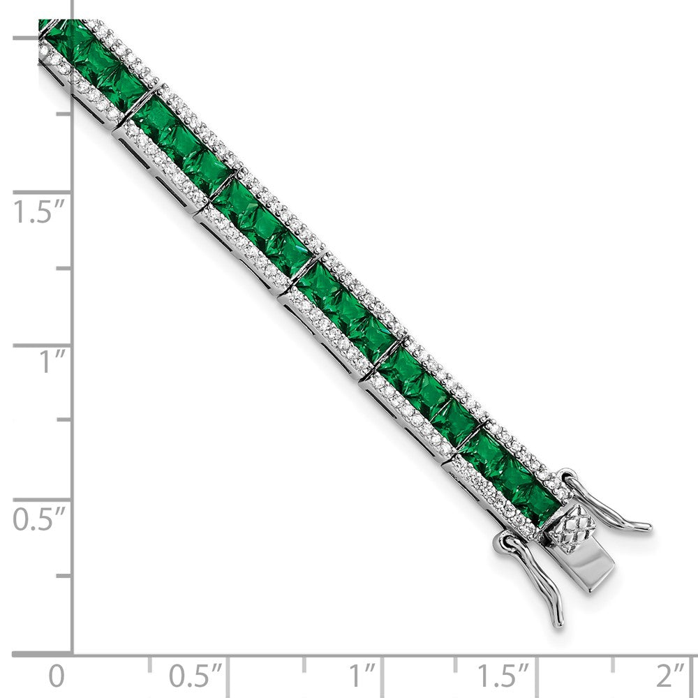 Sterling Silver Cheryl M Rhodium-Plated Princess-Cut Green Nano Crystal And Brilliant-Cut White Cz 7.25 Inch Bracelet