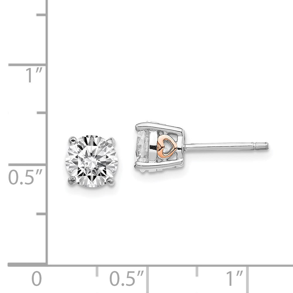 Sterling Silver Cheryl M Rhodium-Plated And Rose Gold-Plated Accent Heart Brilliant-Cut Cz Stud Post Earrings