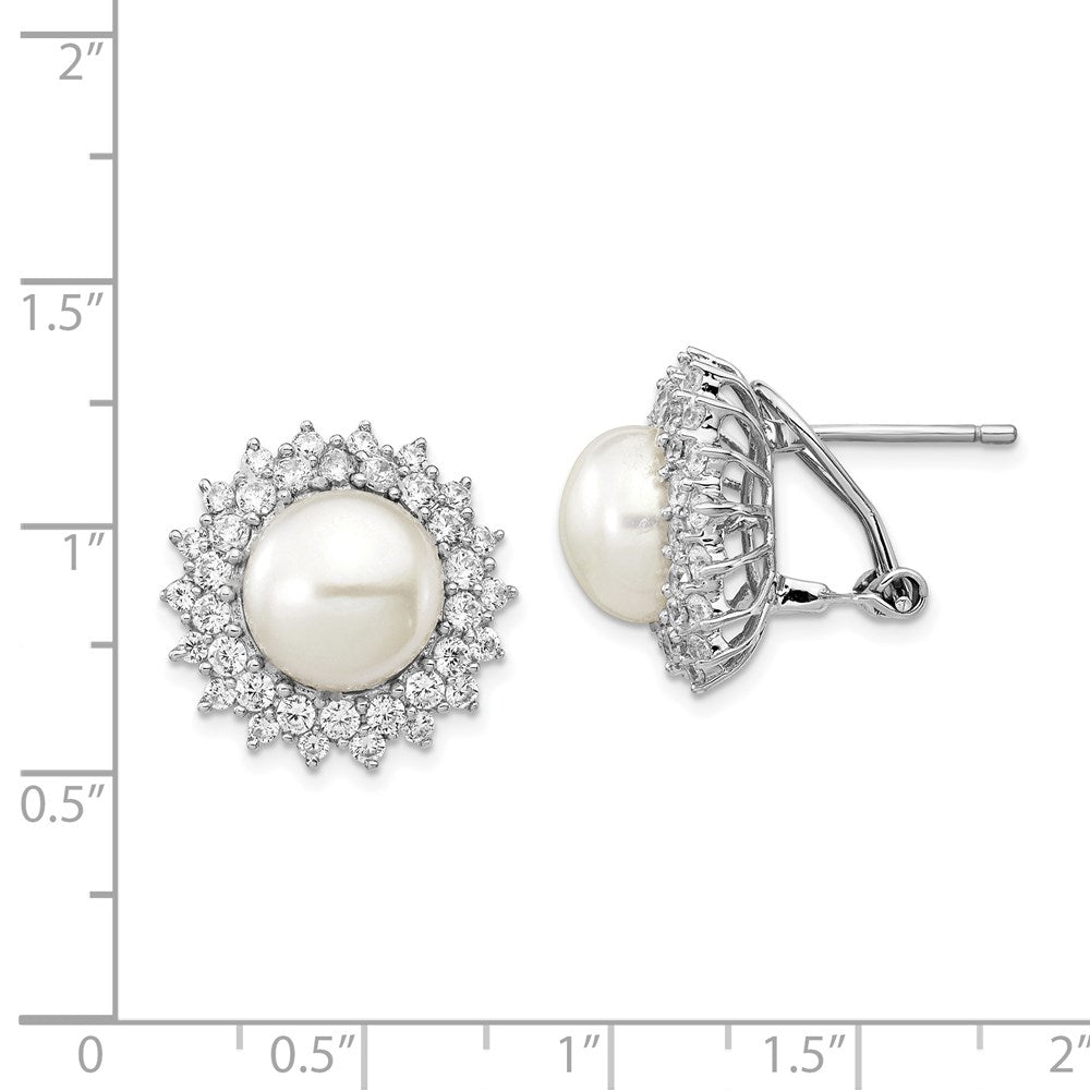 Sterling Silver Cheryl M Rhodium-Plated Freshwater Cultured Pearl And Brilliant-Cut Cz Omega Back Earrings