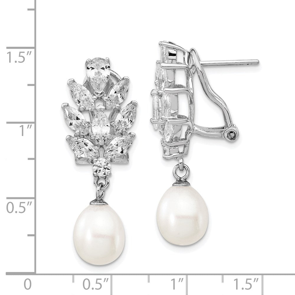 Sterling Silver Cheryl M Rhodium-Plated Teardrop Freshwater Cultured Pearl Marquise-Cut And Brilliant-Cut Cz Fancy Omega Back Dangle Earrings