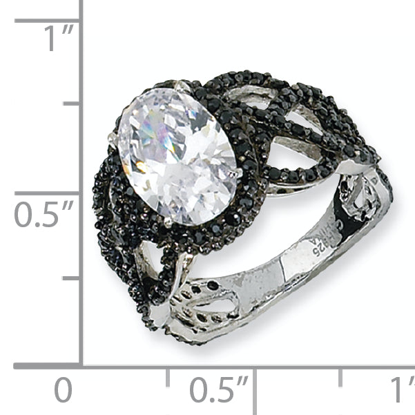 Sterling Silver Black-Plated Fancy Oval Black/Wht Cz Ring