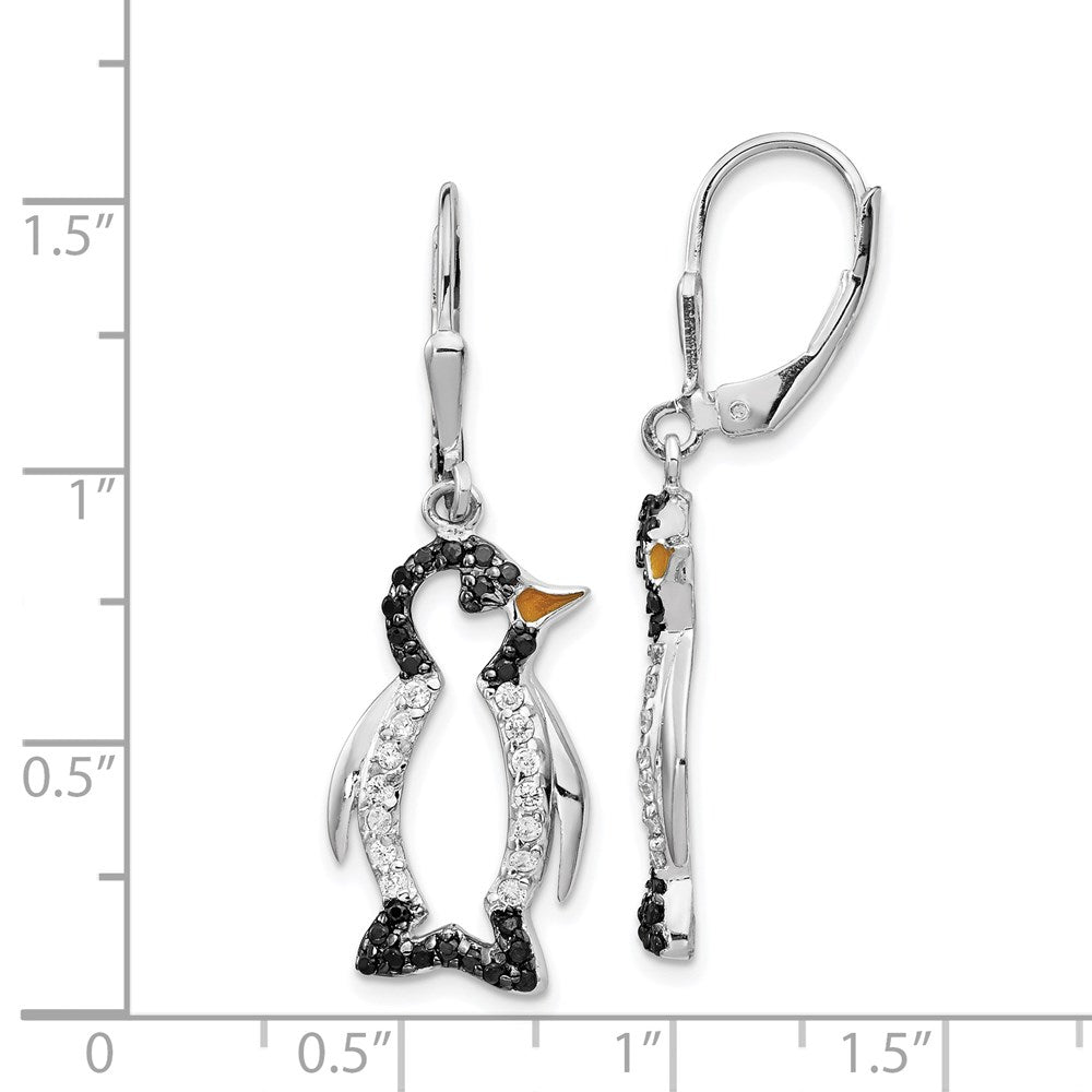 Sterling Silver Cheryl M Rhodium-Plated With Black Rhodium Accent Enameled Brilliant-Cut And White Cz Penguin Leverback Dangle Earrings