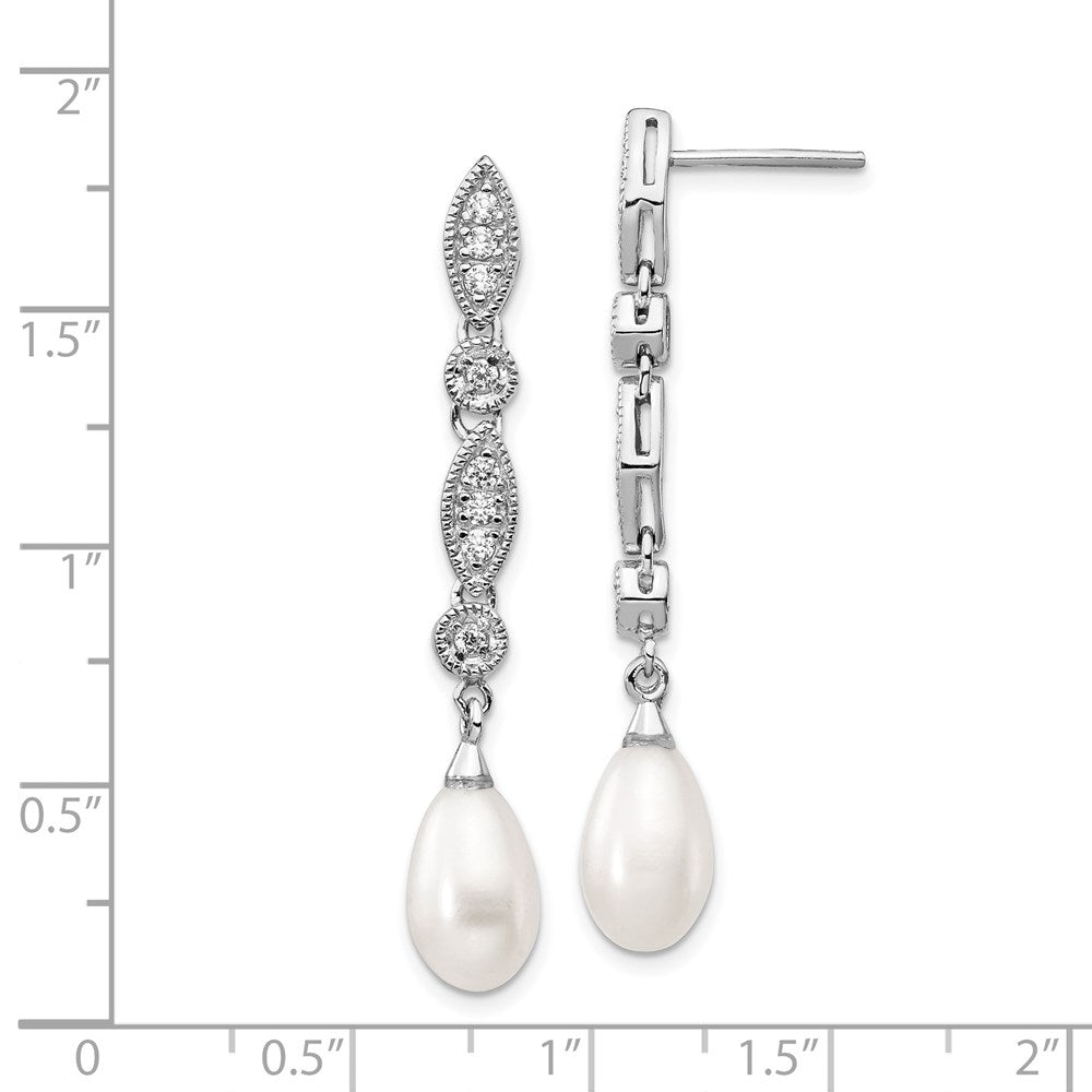 Sterling Silver Cheryl M Rhodium-Plated Teardrop Freshwater Cultured Pearl And Brilliant-Cut Cz Post Dangle Earrings