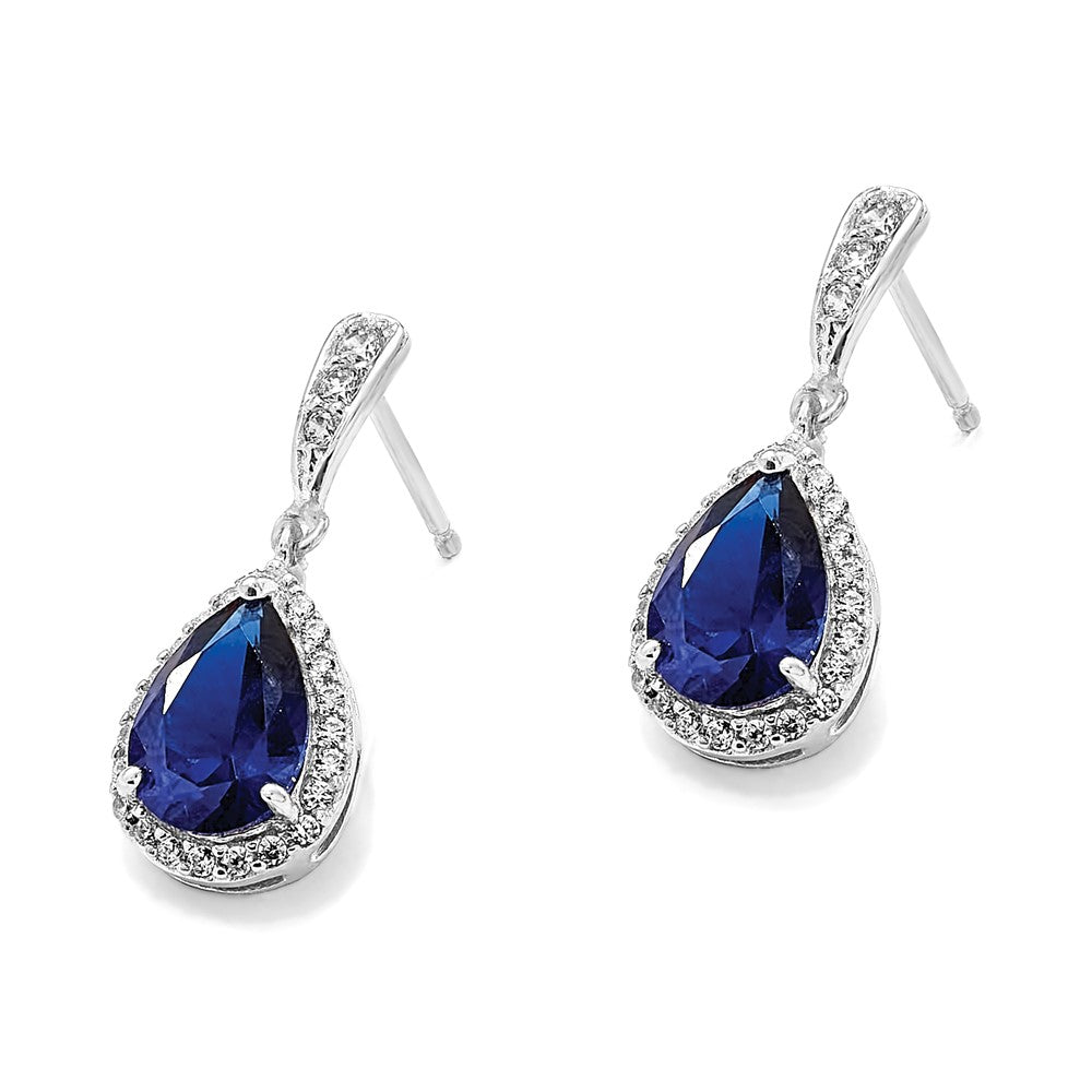 Sterling Silver Cheryl M Rhodium-Plated Brilliant-Cut Lab Created Dark Blue Spinel And White Cz Teardrop Post Dangle Earrings