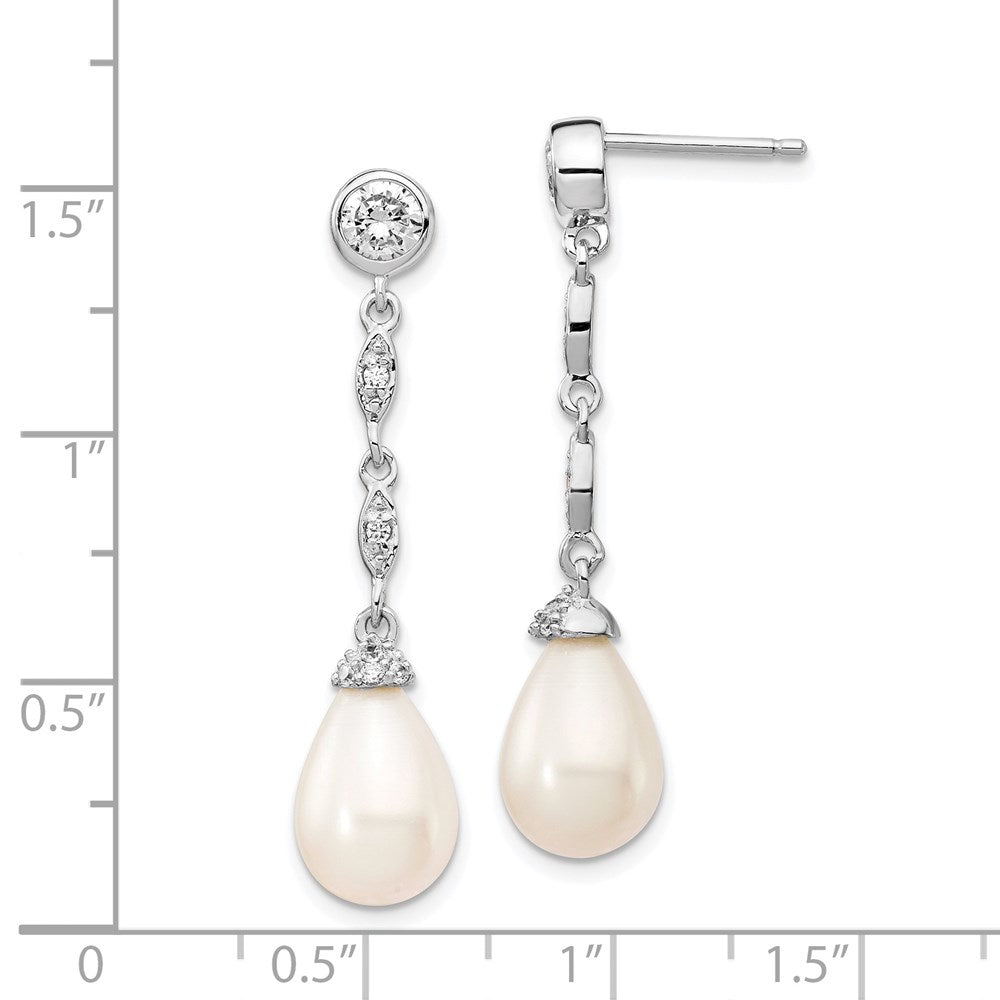 Sterling Silver Cheryl M Rhodium-Plated Teardrop Freshwater Cultured Pearl And Brilliant-Cut Cz Post Dangle Earrings