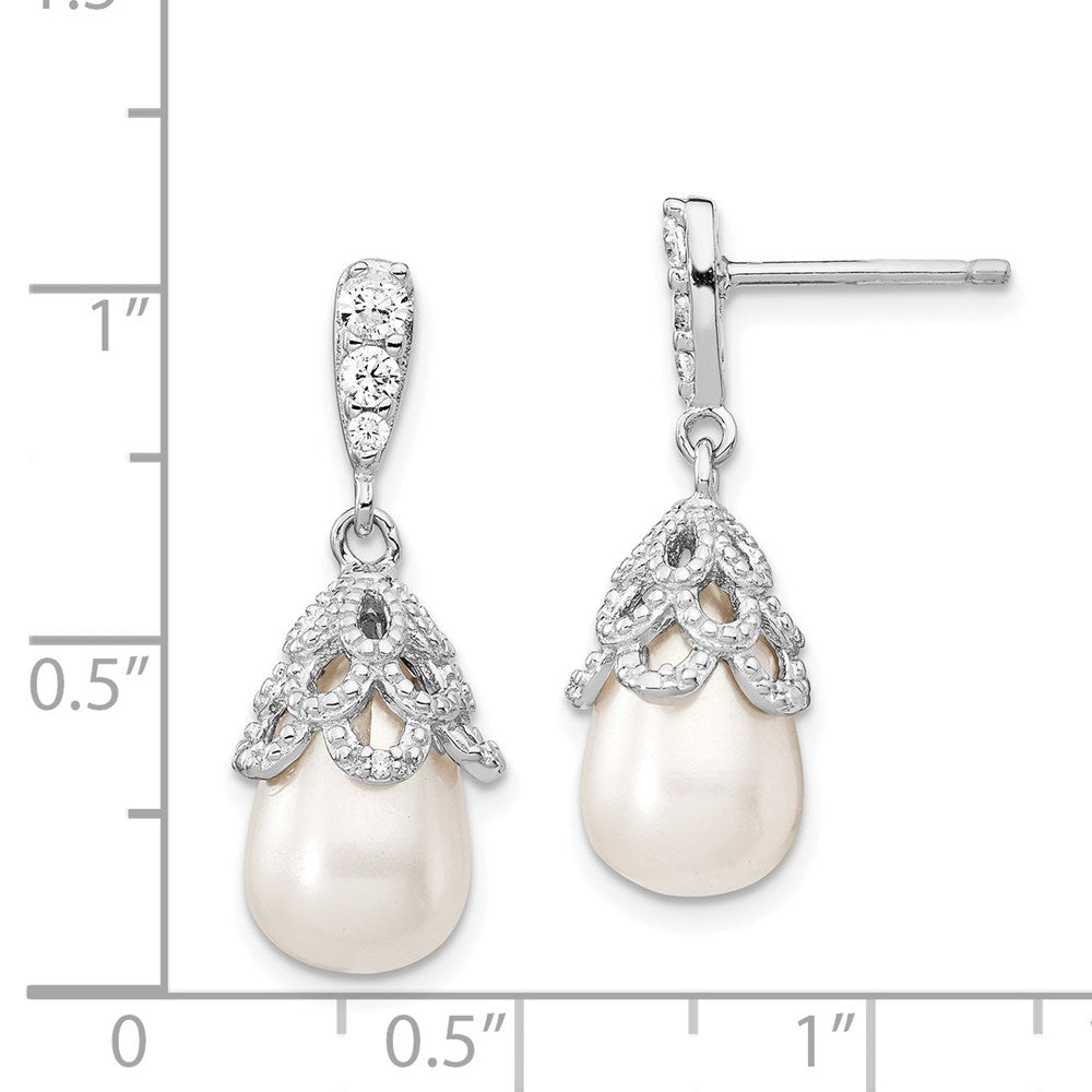Sterling Silver Cheryl M Rhodium-Plated Teardrop White Freshwater Cultured Pearl And Brilliant-Cut Cz Post Dangle Earrings