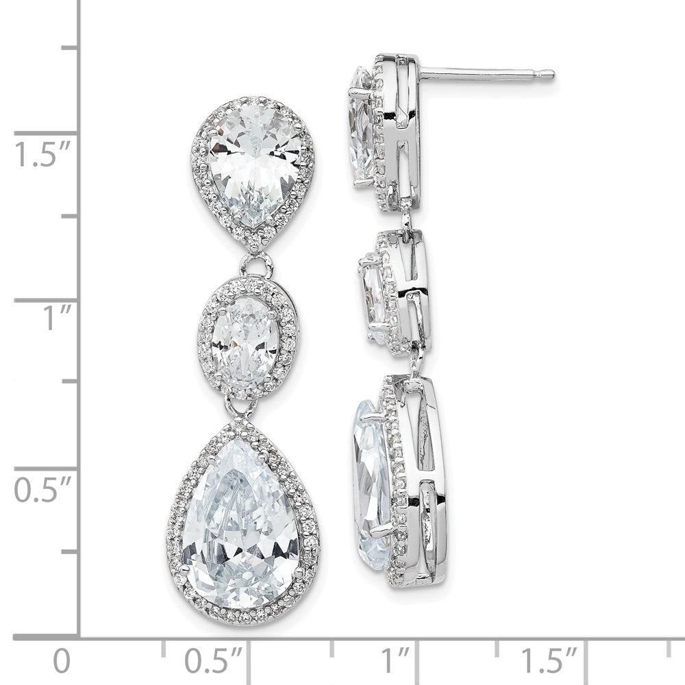 Sterling Silver Cheryl M Rhodium-Plated Brilliant-Cut Three Teardrop Cz Halo Post Dangle Earrings