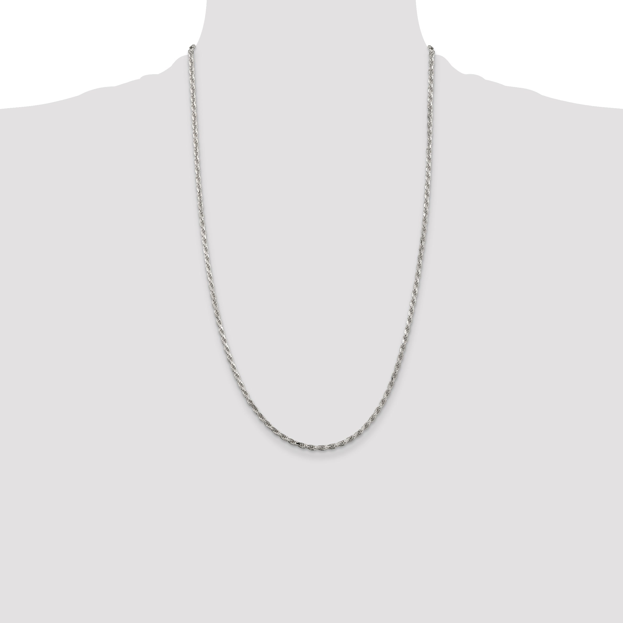 26 Inch Sterling Silver Rhodium-Plated 2.5mm Diamond-Cut Rope Chain Necklace