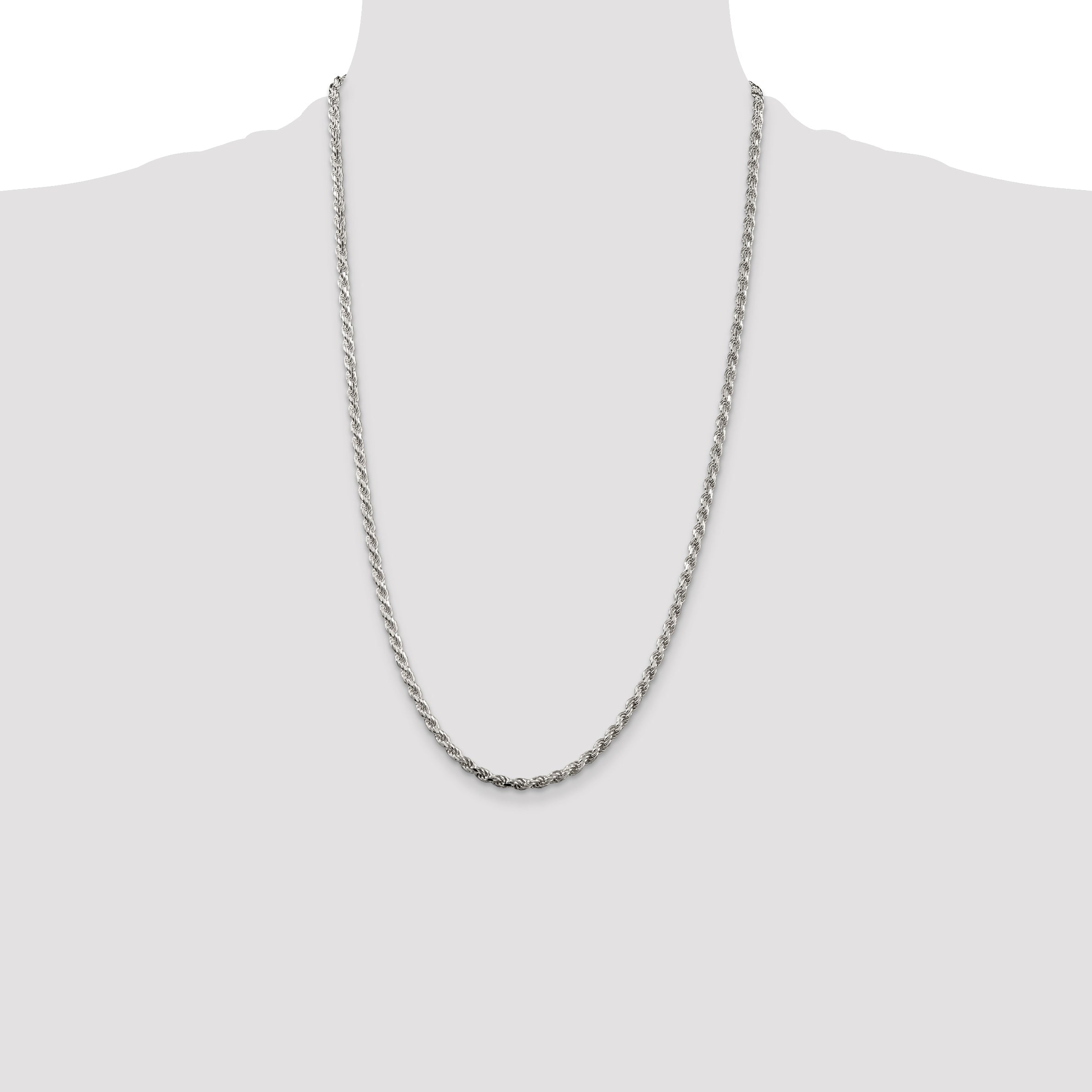 26 Inch Sterling Silver Rhodium-Plated 3.2mm Diamond-Cut Rope Chain Necklace