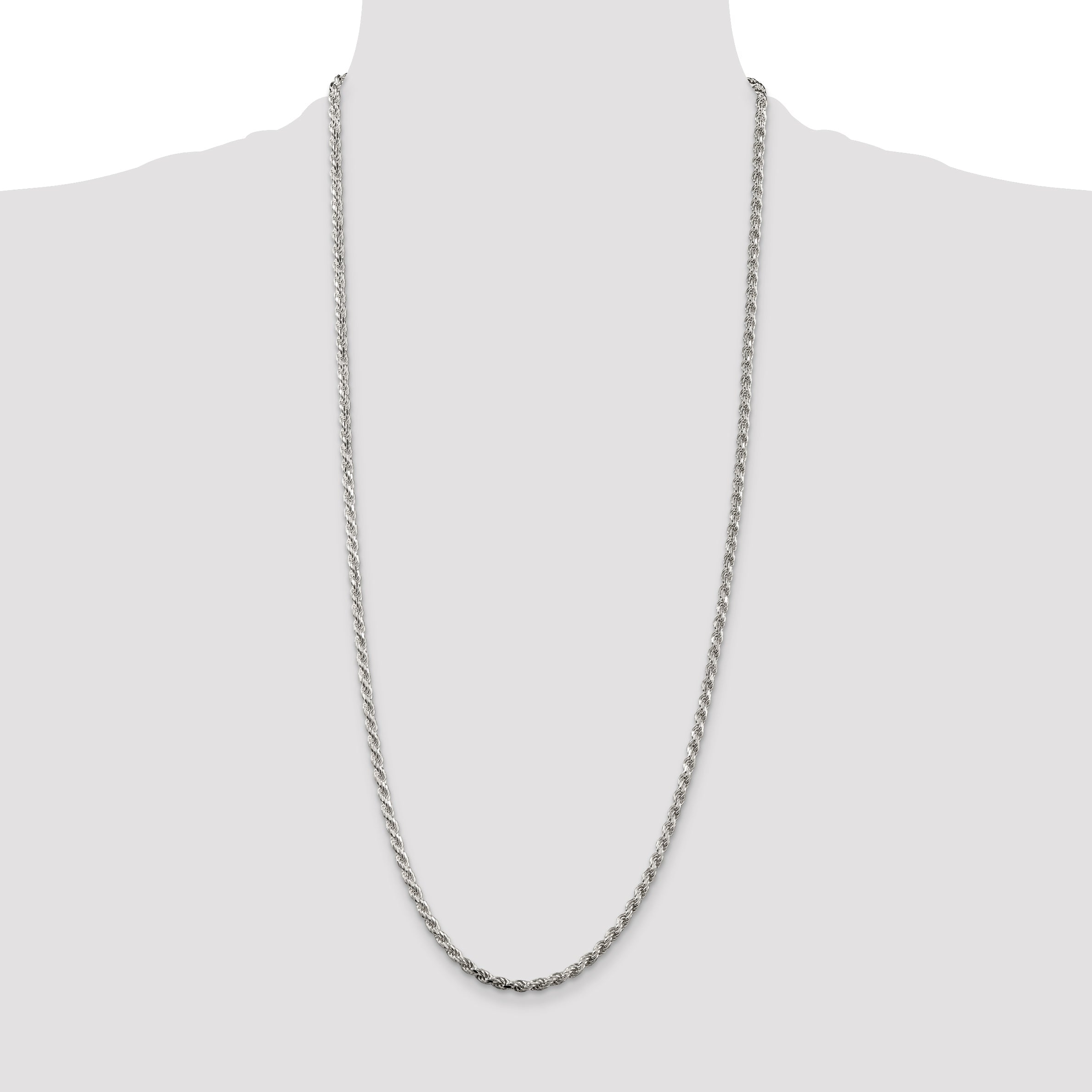 30 Inch Sterling Silver Rhodium-Plated 3.2mm Diamond-Cut Rope Chain Necklace