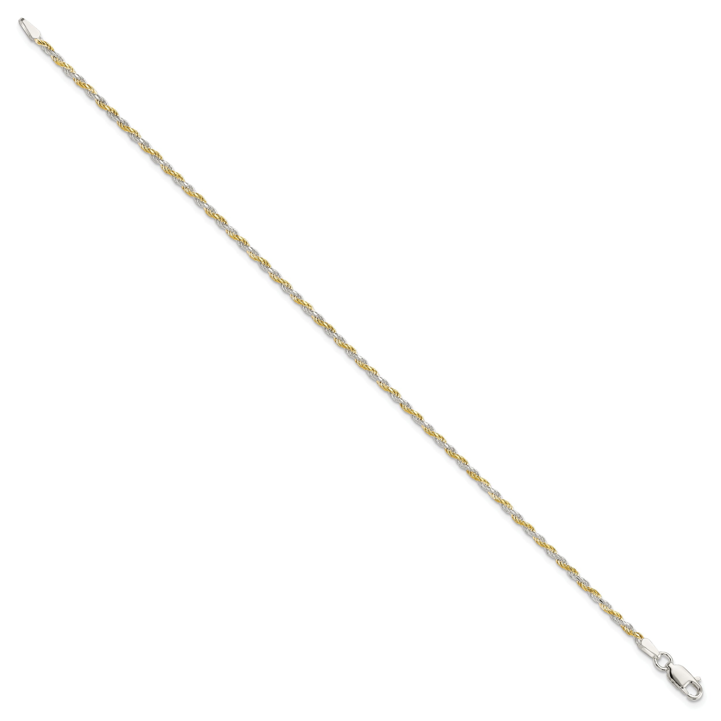 8 Inch Sterling Silver And Vermeil 1.85mm Diamond-cut Rope Chain Bracelet
