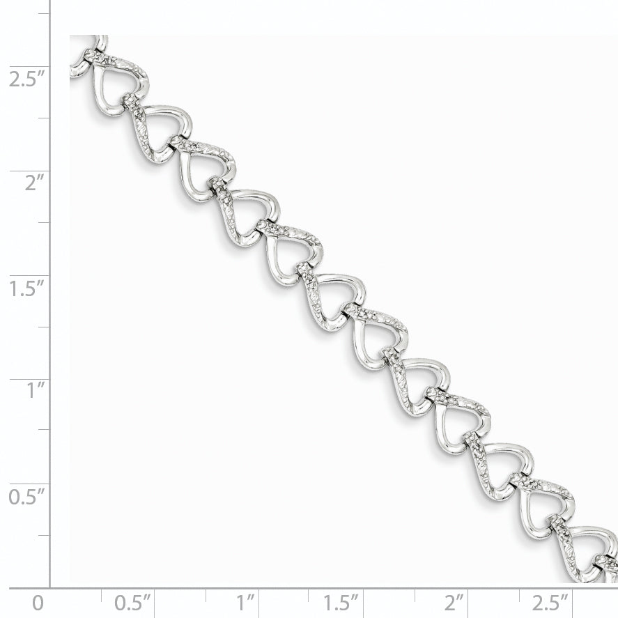 7 Inch Sterling Silver Rhodium-Plated Diam. Hearts Bracelet