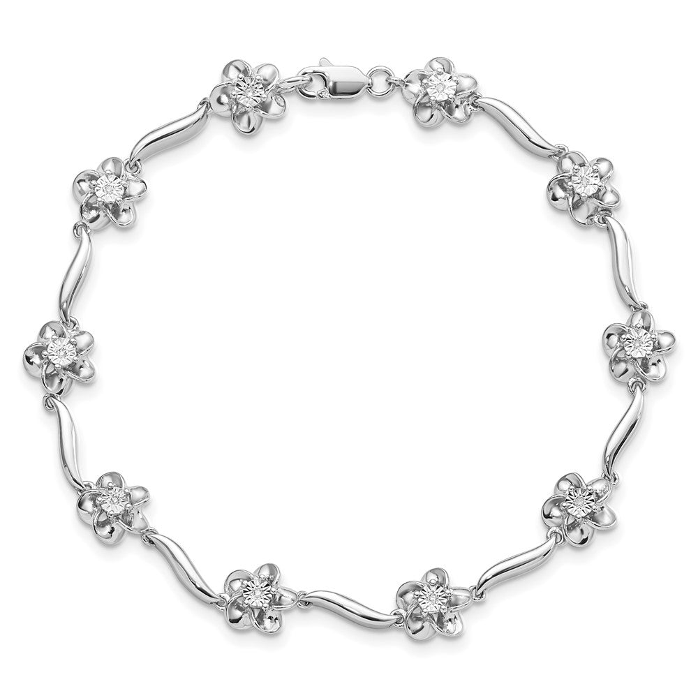 7.5 Inch Sterling Silver Rhodium-Plated Floral Diamond Bracelet