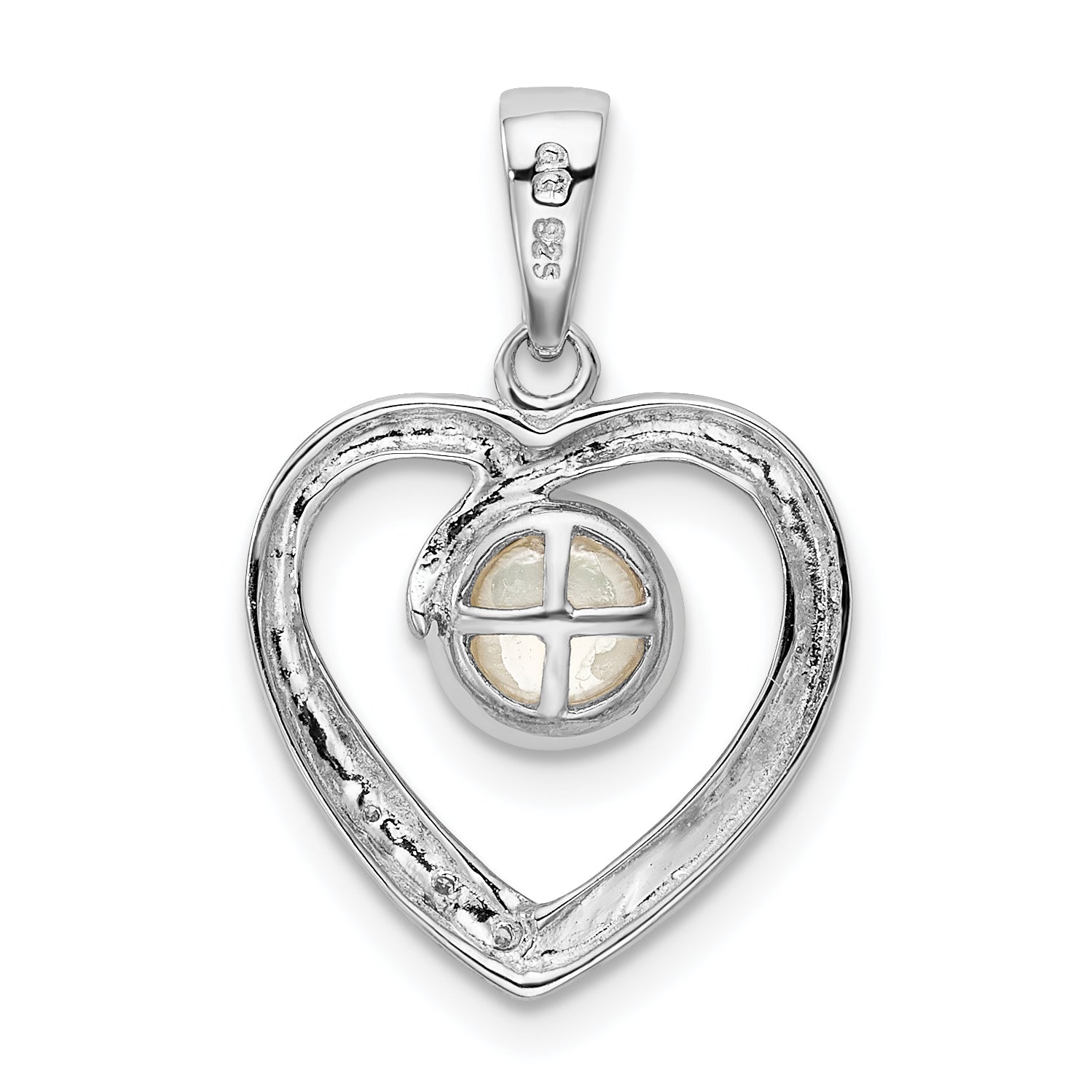 Sterling Silver Rhodium 6mm Fw Cultured Pearl & Diamond Heart Pendant