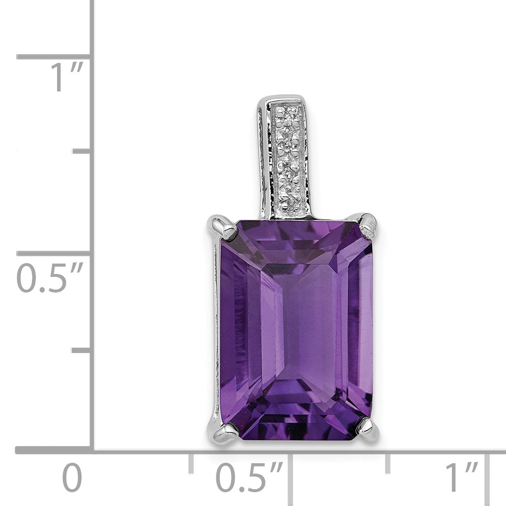 Sterling Silver Rhodium Emerald-Cut Amethyst & Diamond Pendant