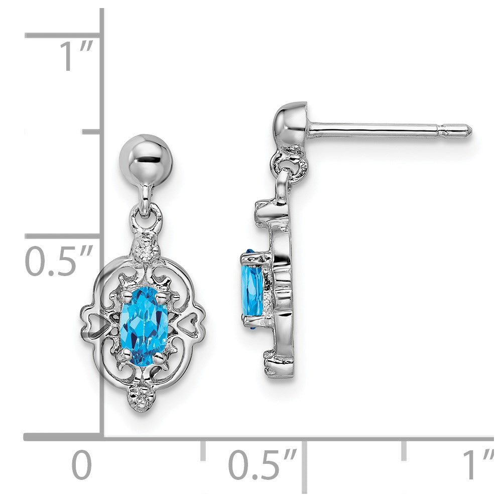 Sterling Silver Rhodium Plated Blue Topaz And Diamond Post Earrings