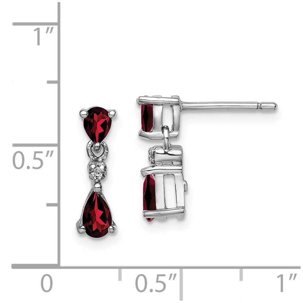 Sterling Silver Rhodium Pear Garnet And Diamond Post Earrings