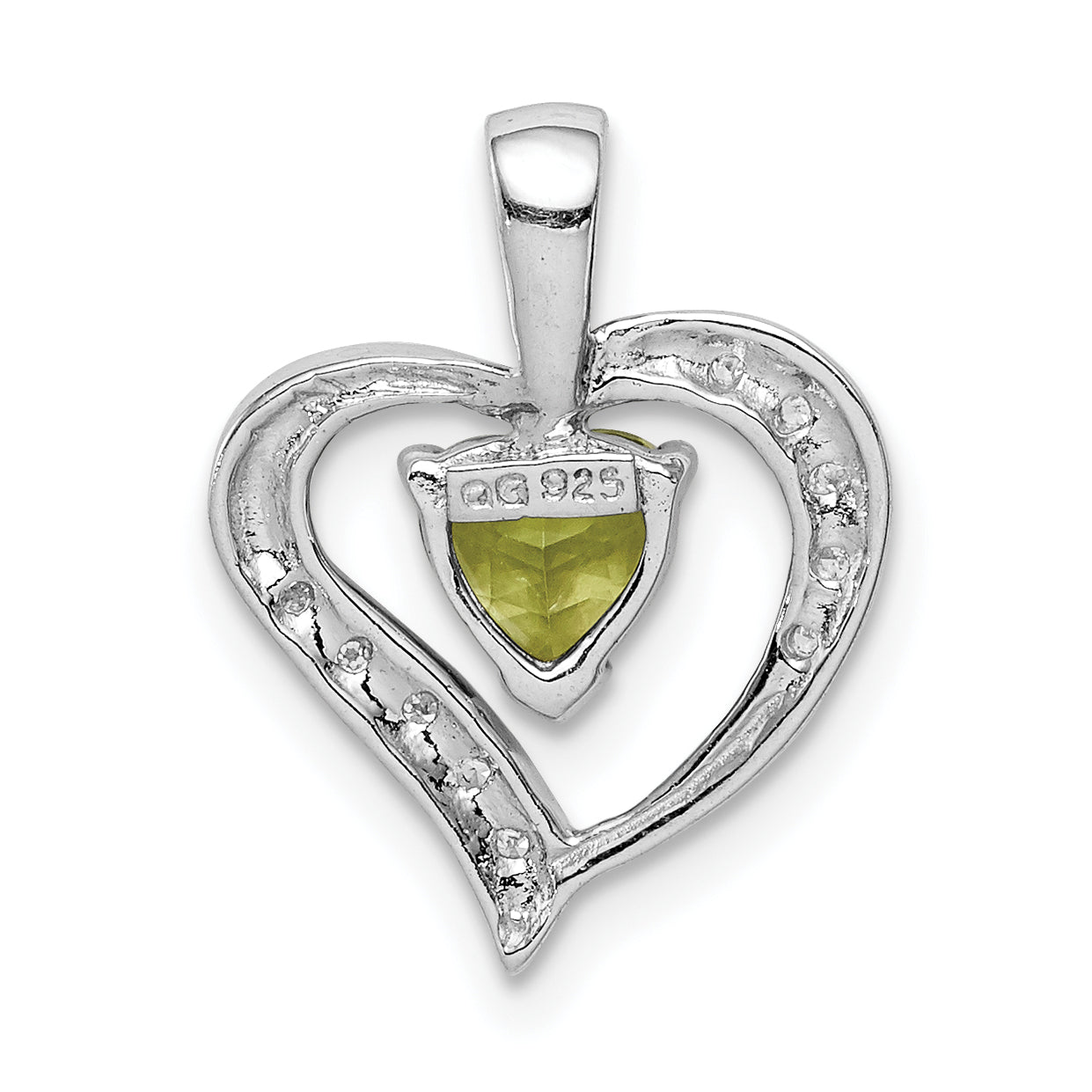 Sterling Silver Rhodium Plated Peridot And Diamond Heart Pendant