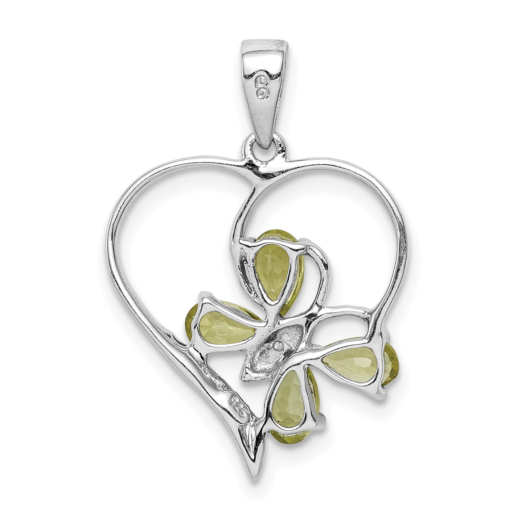 Sterling Silver Rh Plated Peridot And Diamond Butterfly Heart Pendant