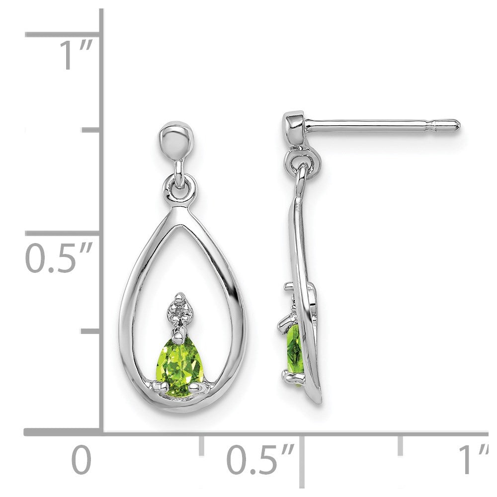 Sterling Silver Rhodium Plated Pear Peridot And Diamond Post Earrings