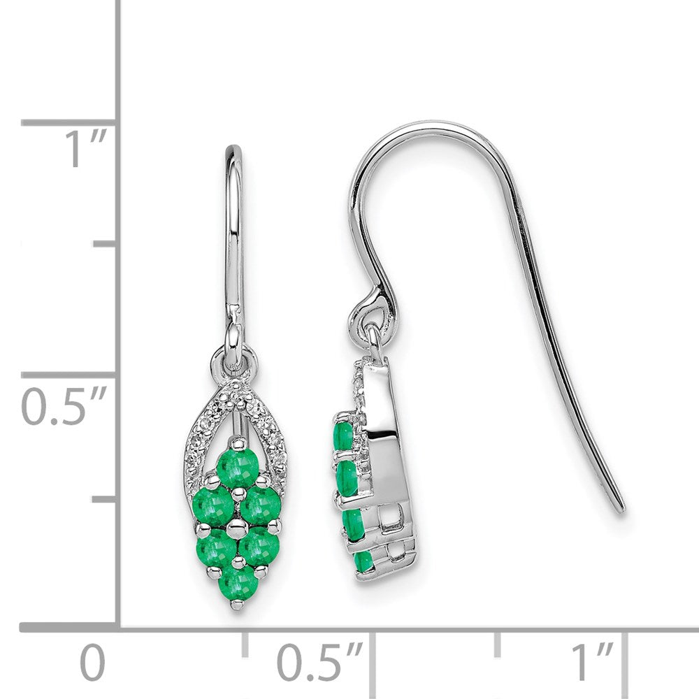 Sterling Silver Rhodium-Plated Diam. & Emerald Shepherd Hook Earrings