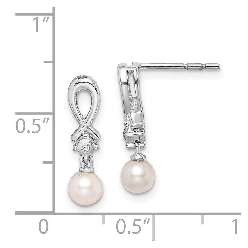 Sterling Silver Rhodium-Plated Fw Cultured Pearl Diamond Earrings