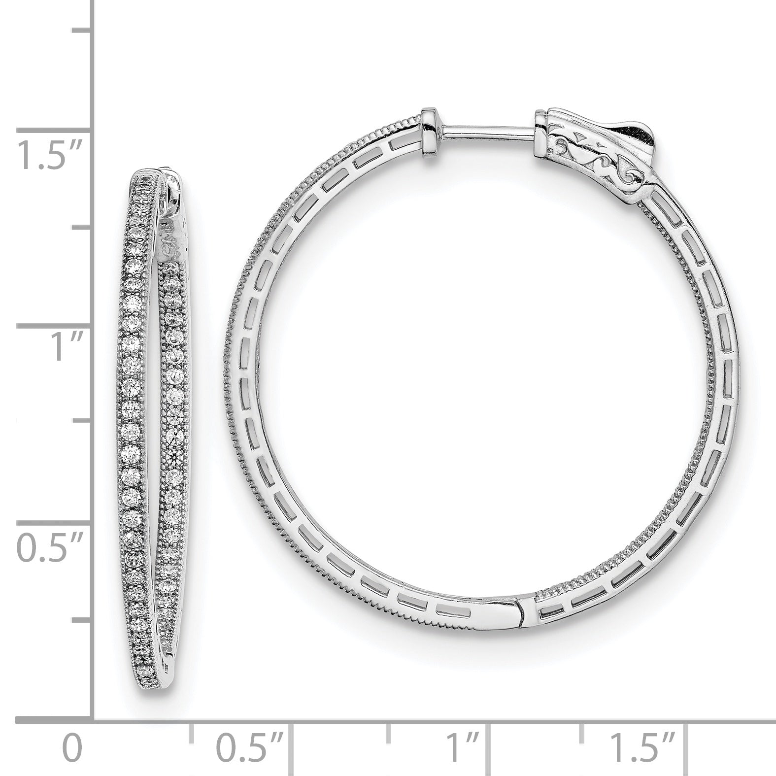 Sterling Silver Shimmer Rhodium-Plated 118 Stone 1.2mm Cz In And Out Round Hinged Hoop Earrings