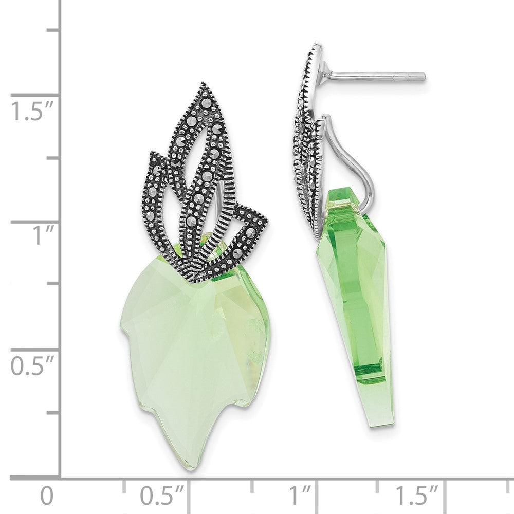 Sterling Silver Polished & Antiqued Marcasite Swarovski Crystal Leaf Post Dangle Earrings