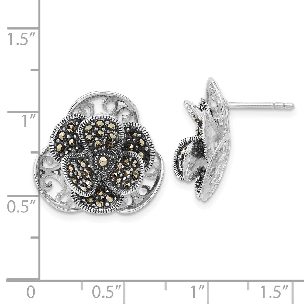 Sterling Silver Polished & Antiqued Marcasite Flower Post Earrings