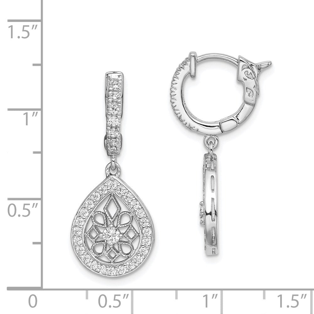 Sterling Silver Shimmer Rhodium-Plated 64 Stone Cz Teardrop Dangle Hinged Hoop Earrings