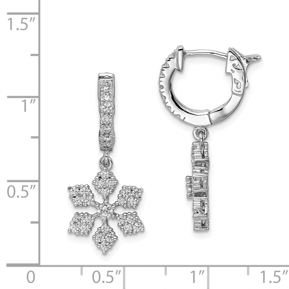 Sterling Silver Shimmer Rhodium-Plated 64 Stone Cz Snowflake Dangle Hinged Hoop Earrings