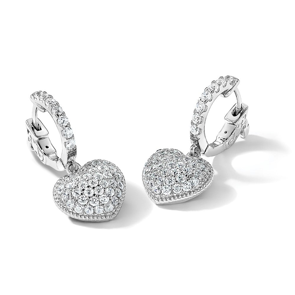 Sterling Silver Shimmer Rhodium-Plated 86 Stone Cz Pav Heart Dangle Hinged Hoop Earrings