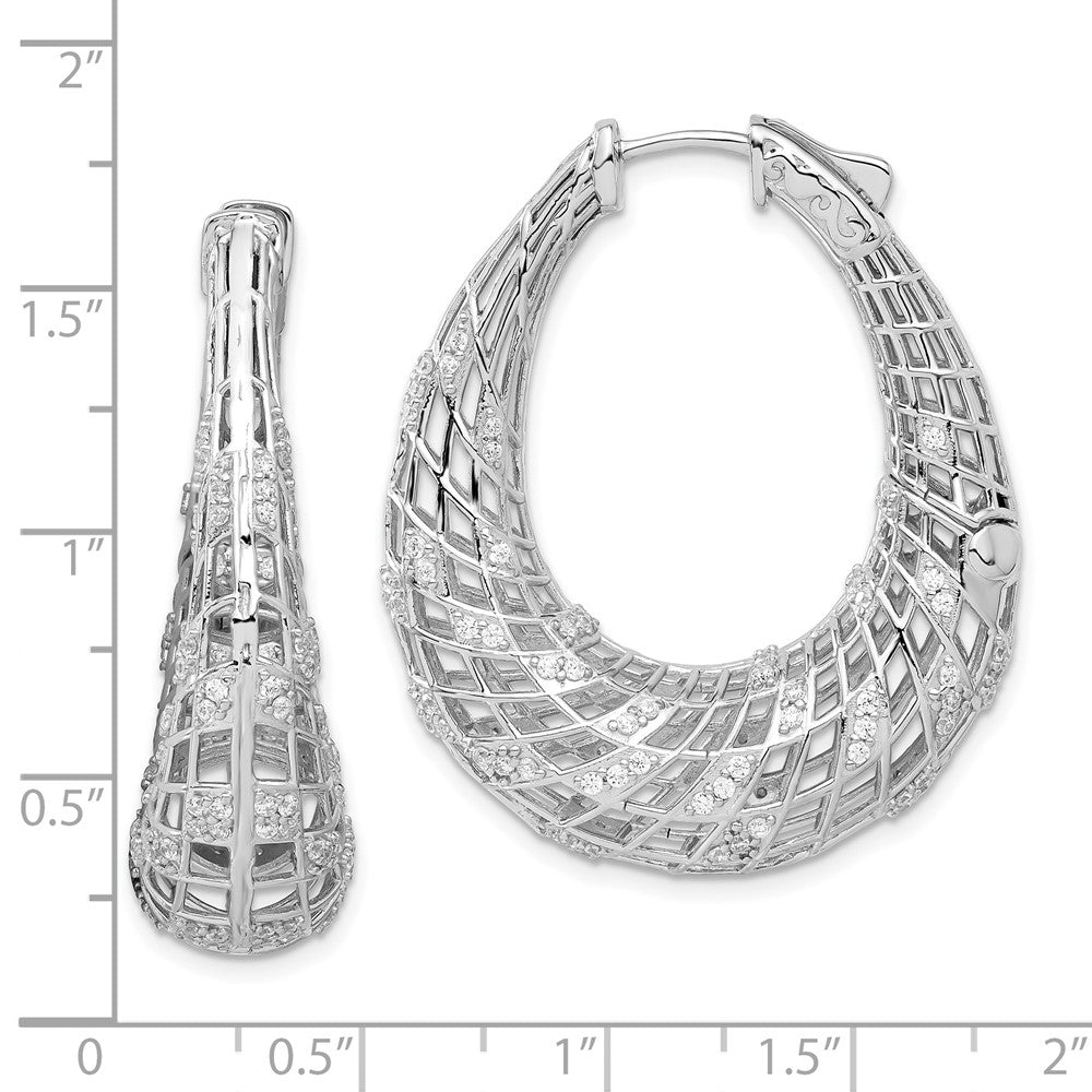 Sterling Silver Rhodium Plated Cz Oval Hinged Hoop Earrings