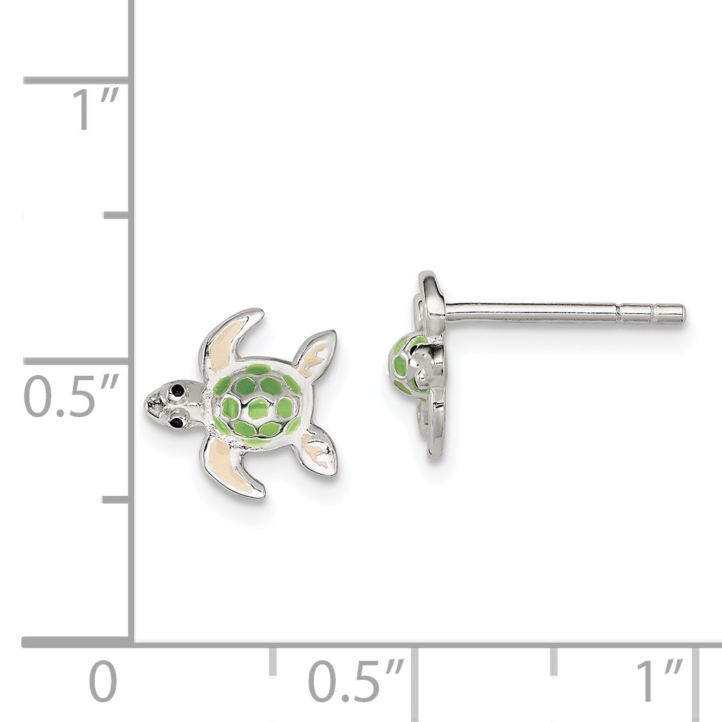 Sterling Silver Polished Multi-Color Enameled Sea Turtle Children'S Post Earrings