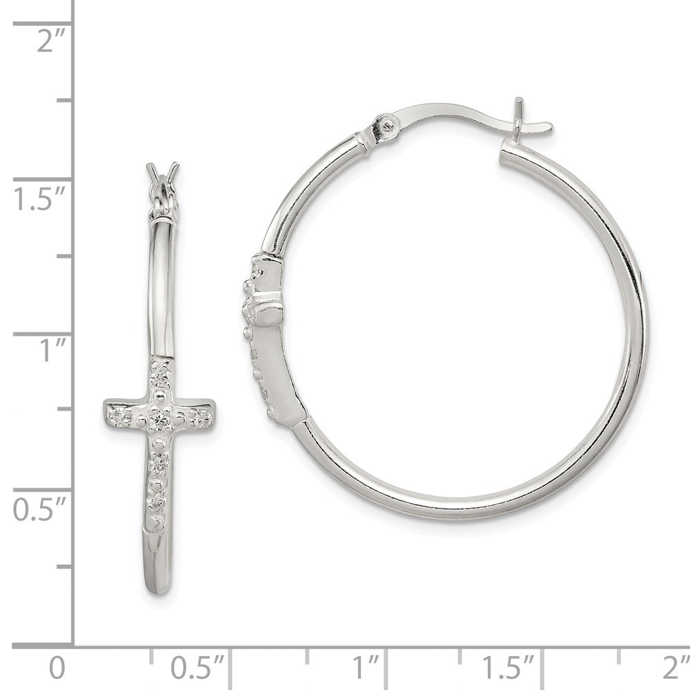 Sterling Silver Polished Cz Cross 2.5mm Round Hoop Earrings