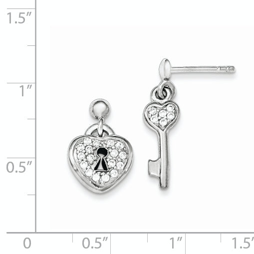 Sterling Silver Polished Cz Heart Lock & Key Post Dangle Earrings