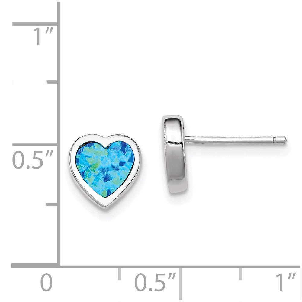 Sterling Silver Rhodium-Plated 9mm Blue Created Opal Heart Post Earrings