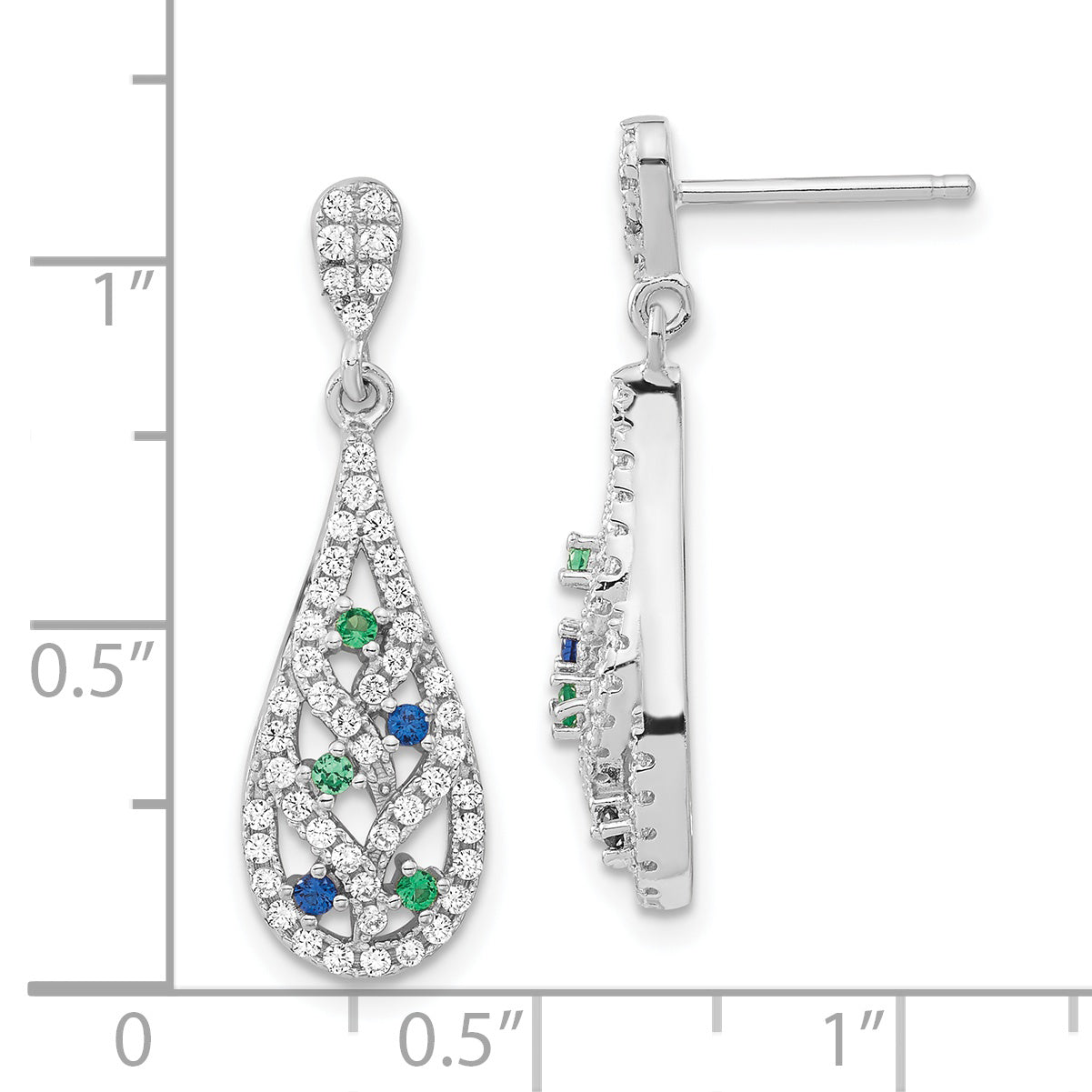 Sterling Silver Blue Green & White Cz Fancy Teardrop Post Dangle Earrings