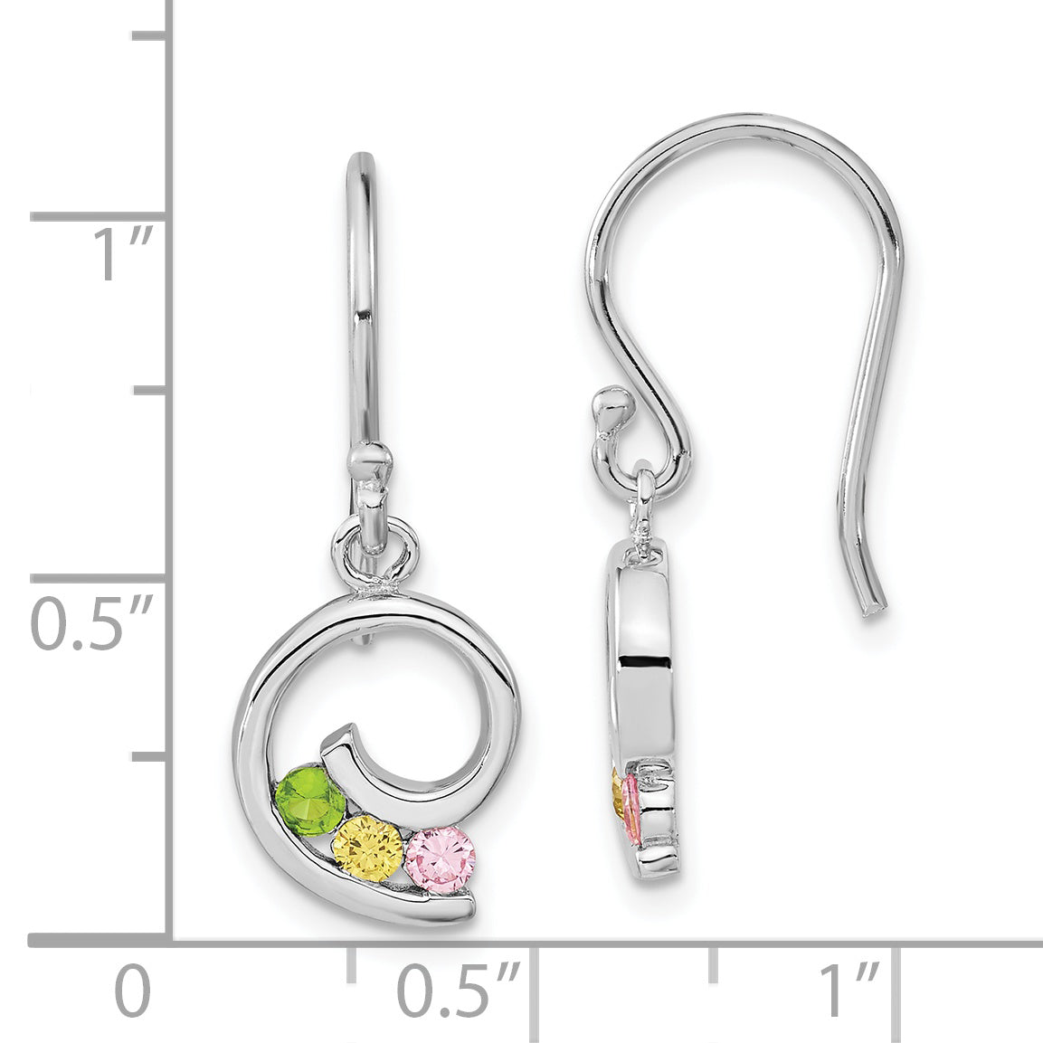 Sterling Silver Polished Green,Yellow & Pink Cz Swirl Dangle Earrings