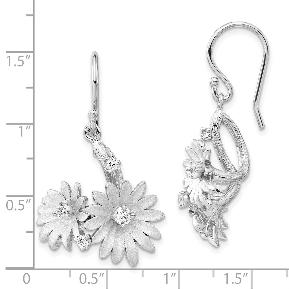 Sterling Silver Polished & Satin Cz Flower Dangle Earrings